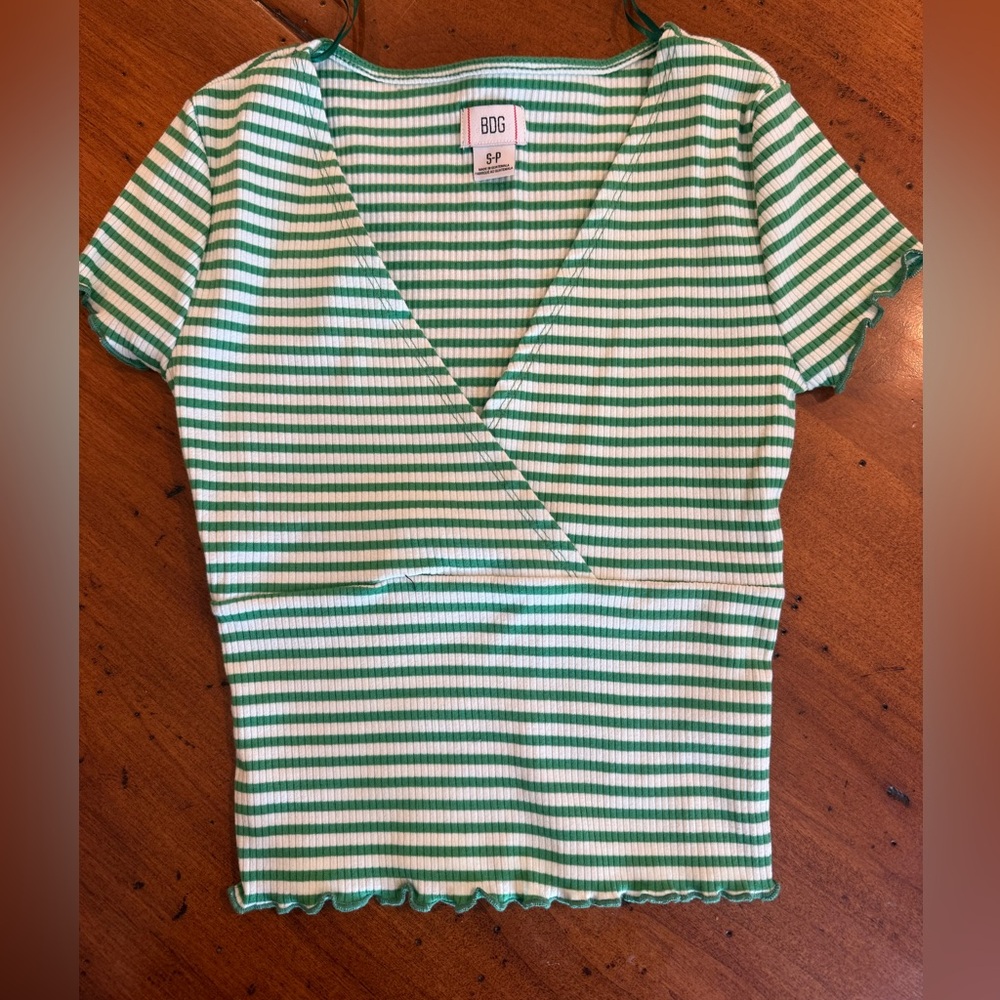 BDG Green & White Ribbed Wrap-Front Crop Top NWOT Urban Outfitters.
